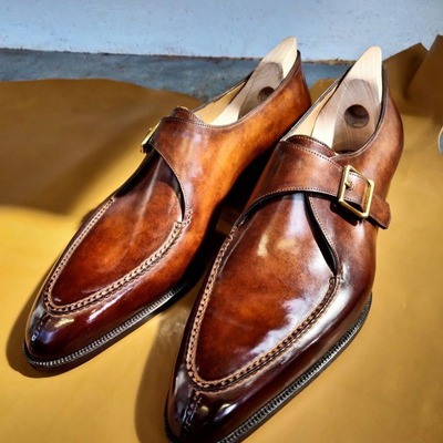 Brown patina leather single monk strap dress shoes - Thumbnail 3