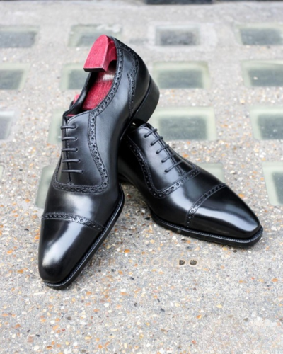 Handmade Men Genuine Black Calf Oxford Lace up Dress Shoes 