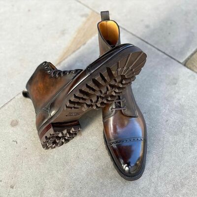  handmade men brown leather  ankle high lace up commando boot - Thumbnail 4