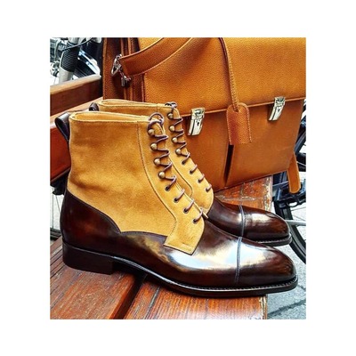 Handmade men brown leather suede ankle high dress boot - Thumbnail 2