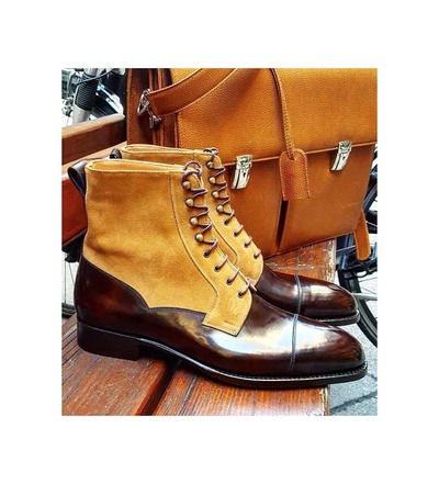 Handmade Men Brown Leather Suede Ankle High Dress Boot