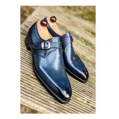 Handmade men blue genuine leather monk strap dress shoes - Thumbnail 3