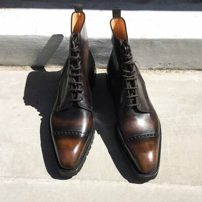 Handmade brown black patina leather ankle high lace up commando boot - Thumbnail 4