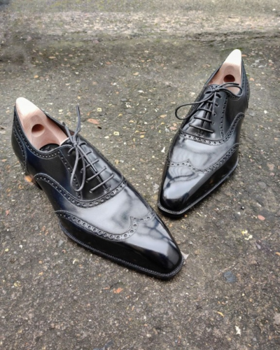 Black Calf Leather Classic Wingtip Shoes Oxford Lace up Dress Shoes Handmade 