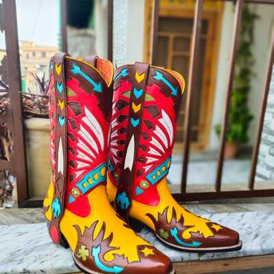 Crafted leather classic dress shoes multi color leather designer fashion ankle cowboy pointed toe boot 