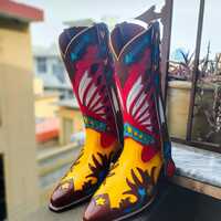 Crafted Leather Classic Dress Shoes Multi Color Leather Designer Fashion Ankle Cowboy Pointed Toe Boot  - Thumbnail 2