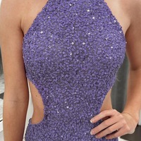 Halter Purple Sequin Long Mermaid Prom Dresses ,PD231195 - Thumbnail 1