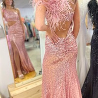 One Shoulder Sequins Blush Pink Long Prom Dresses with Feather,PD231196 - Thumbnail 1