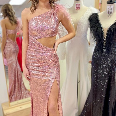 One shoulder sequins blush pink long prom dresses with feather,pd231196