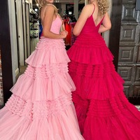 V Neck Tiered Tulle Long Pink Prom Dresses with Slit ,PD231201 - Thumbnail 1