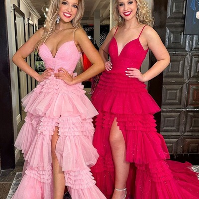 V neck tiered tulle long pink prom dresses with slit ,pd231201