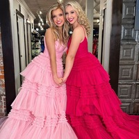 V Neck Tiered Tulle Long Pink Prom Dresses with Slit ,PD231201 - Thumbnail 2