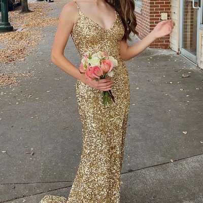 Mermaid gold sequin v-neck backless long formal dress,pd231204