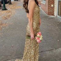 Mermaid Gold Sequin V-Neck Backless Long Formal Dress,PD231204 - Thumbnail 1