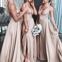 Charming A Line V Neck Silk Satin Long Champagne Bridesmaid Dresses with Slit ,PD231206 - Thumbnail 1