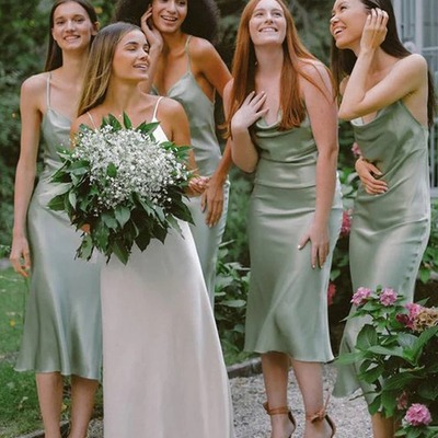 Charming tea length sheath cowl neck sage green silk satin bridesmaid dresses ,pd231210