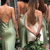 Charming Tea Length Sheath Cowl Neck Sage Green Silk Satin Bridesmaid Dresses ,PD231210 - Thumbnail 1