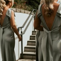 Fashion Sheath Sage Green Silk Satin Long V Neck Bridesmaid Dress,PD231214 - Thumbnail 2