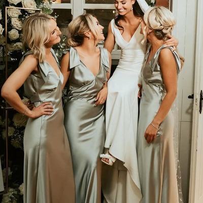 Fashion sheath sage green silk satin long v neck bridesmaid dress,pd231214
