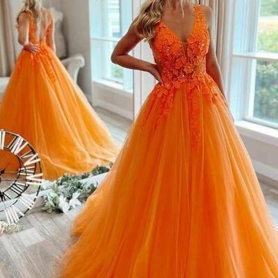 Elegant orange ball gown lace appliques mother of bride groom dress evening formal prom dress