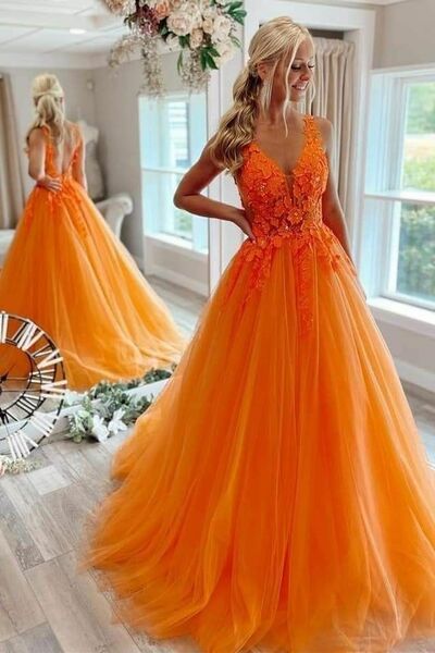 Elegant Orange Ball Gown Lace Appliques Mother of Bride Groom Dress Evening Formal Prom Dress