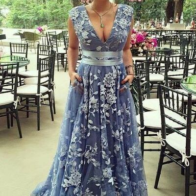  elegant  a-line v-neck appliques tulle mother of bride groom dress