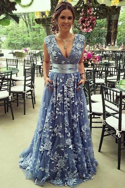  Elegant  A-line V-neck Appliques Tulle Mother of Bride Groom Dress