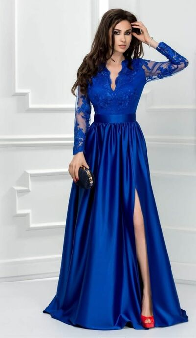 Elegant Royal Blue  Mother of Bride/ Groom Dress Long Sleeve Evening Formal Dress Prom Dress