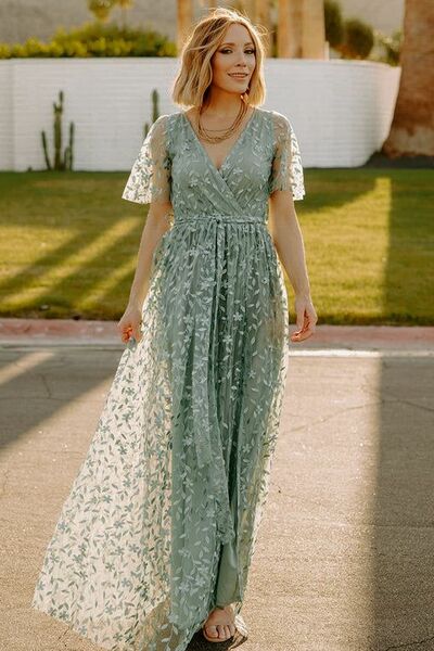  Elegant  A-line V-neck Sage Appliques Tulle Mother of Bride Groom Dress