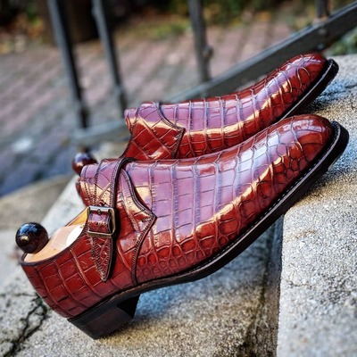 Handmade Red Crocodile Leather Alligator Monk Strap Shoes