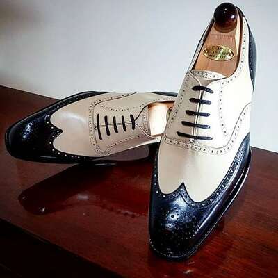 Handmade men black white leather wingtip oxford lace up dress shoes - Thumbnail 3