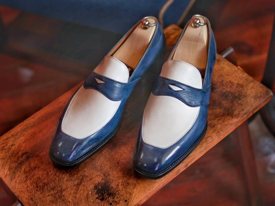 Handmade Men's Finest Look Blue White Penny Loafers Style Formal Moccasin Dress Shoes