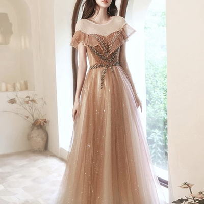 Champagne tulle beads long prom party dress - Thumbnail 1