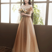 Champagne Tulle Beads Long Prom Party Dress - Thumbnail 1