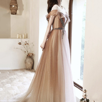 Champagne Tulle Beads Long Prom Party Dress - Thumbnail 2