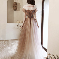 Champagne Tulle Beads Long Prom Party Dress - Thumbnail 3