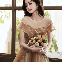 Champagne Tulle Beads Long Prom Party Dress - Thumbnail 4