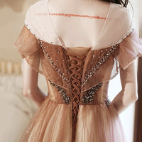 Champagne Tulle Beads Long Prom Party Dress - Thumbnail 5