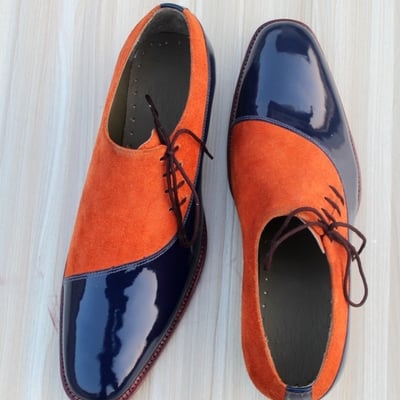 Crafted leather classic blue patent suede leather laces up dress shoes - Thumbnail 3