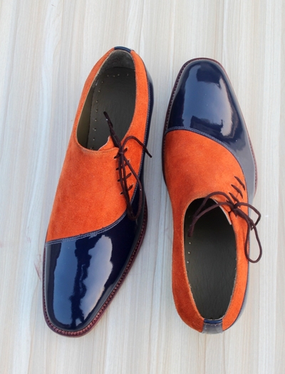 Crafted Leather Classic Blue Patent Suede Leather Laces up Dress Shoes