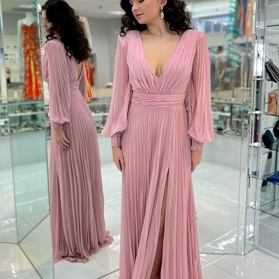 Charming v neck chiffon a line long sleeves wedding guest dress,pd231216
