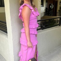 Chic Sheath Ruffle Midi Square Neck Dress with Slit in Fuchsia,PD231218 - Thumbnail 1