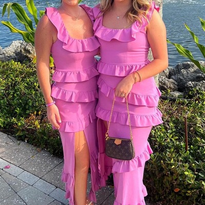 Chic sheath ruffle midi square neck dress with slit in fuchsia,pd231218