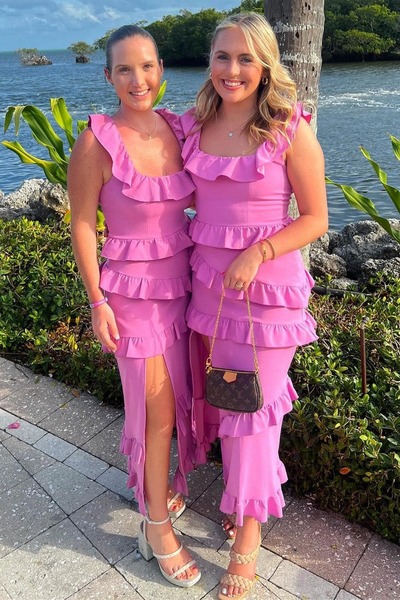 Chic Sheath Ruffle Midi Square Neck Dress with Slit in Fuchsia,PD231218