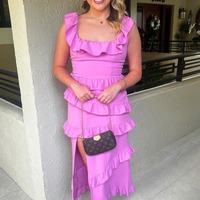 Chic Sheath Ruffle Midi Square Neck Dress with Slit in Fuchsia,PD231218 - Thumbnail 2