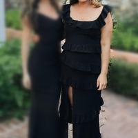 Chic Sheath Ruffle Midi Square Neck Dress with Slit in Fuchsia,PD231218 - Thumbnail 3