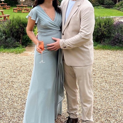 Chic a line chiffon slit dusty blue bridesmaid dress with flared sleeves,pd231219