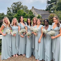 Chic A Line Chiffon Slit Dusty Blue Bridesmaid Dress with Flared Sleeves,PD231219 - Thumbnail 2