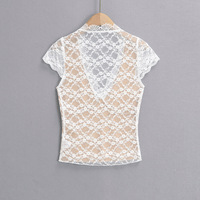 Casual Lace Lightweight V-neck Short Sleeve T-shirt - Thumbnail 2