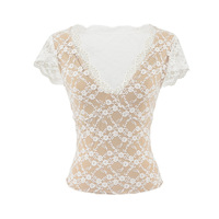 Casual Lace Lightweight V-neck Short Sleeve T-shirt - Thumbnail 1